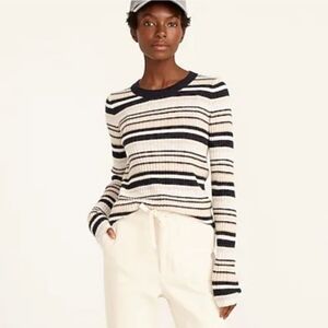 J. Crew Cashmere Striped Crew Neck Sweater - Black and Cream